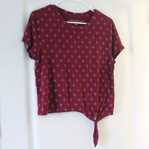 Aeropostale Medium Maroon Cropped Top Patterned T-Shirt with Tie (M)